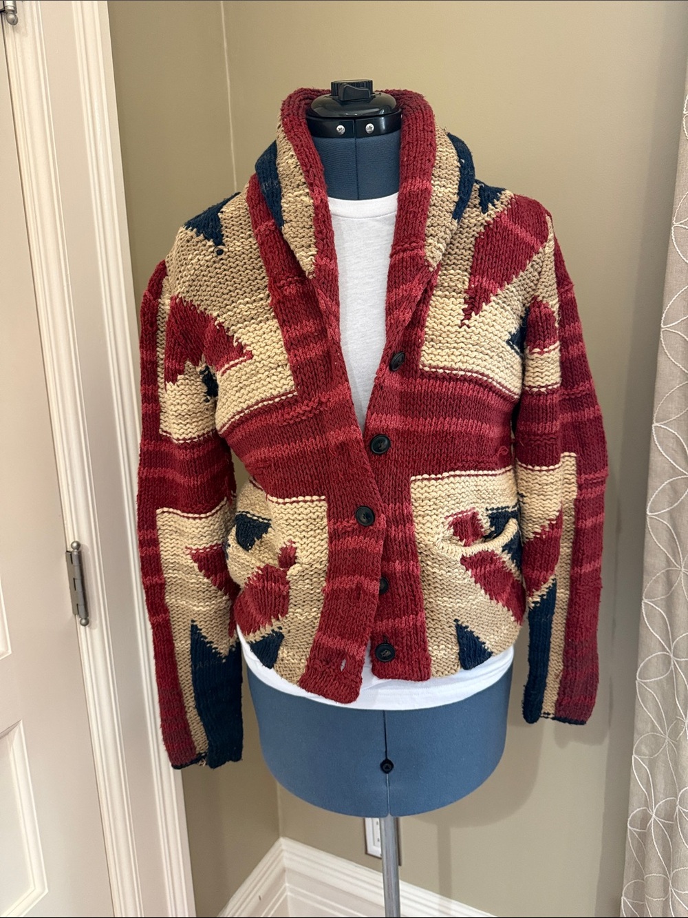 Ralph Lauren Red Cream & Navy Shawl Collar Cardigan - Picture 2 of 6